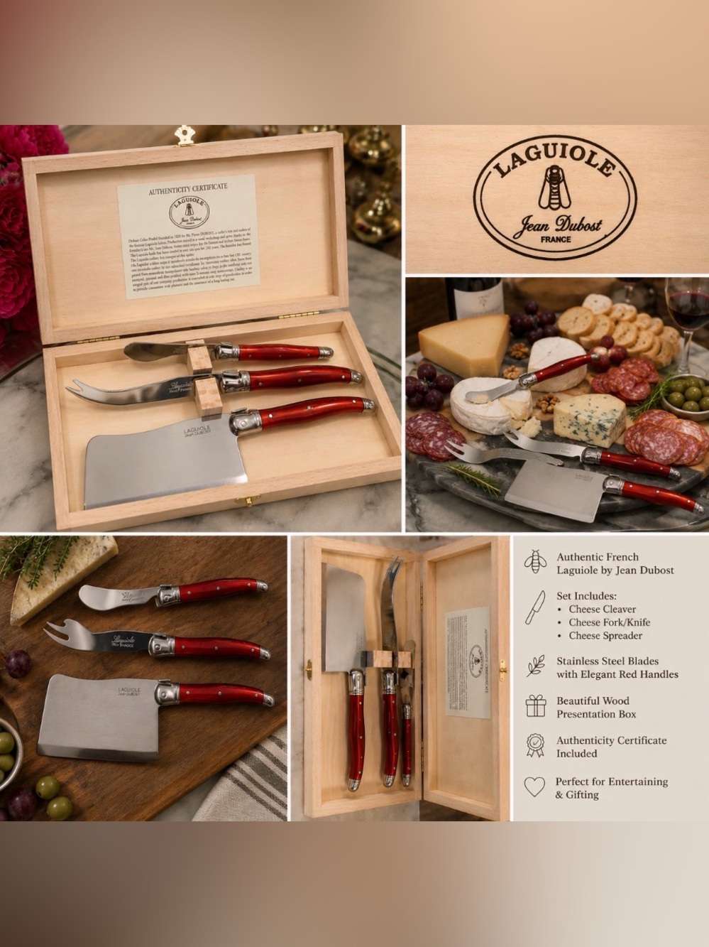 Laguiole Jean Dubost Cheese Knife Set w/ Box – Red Handles – France